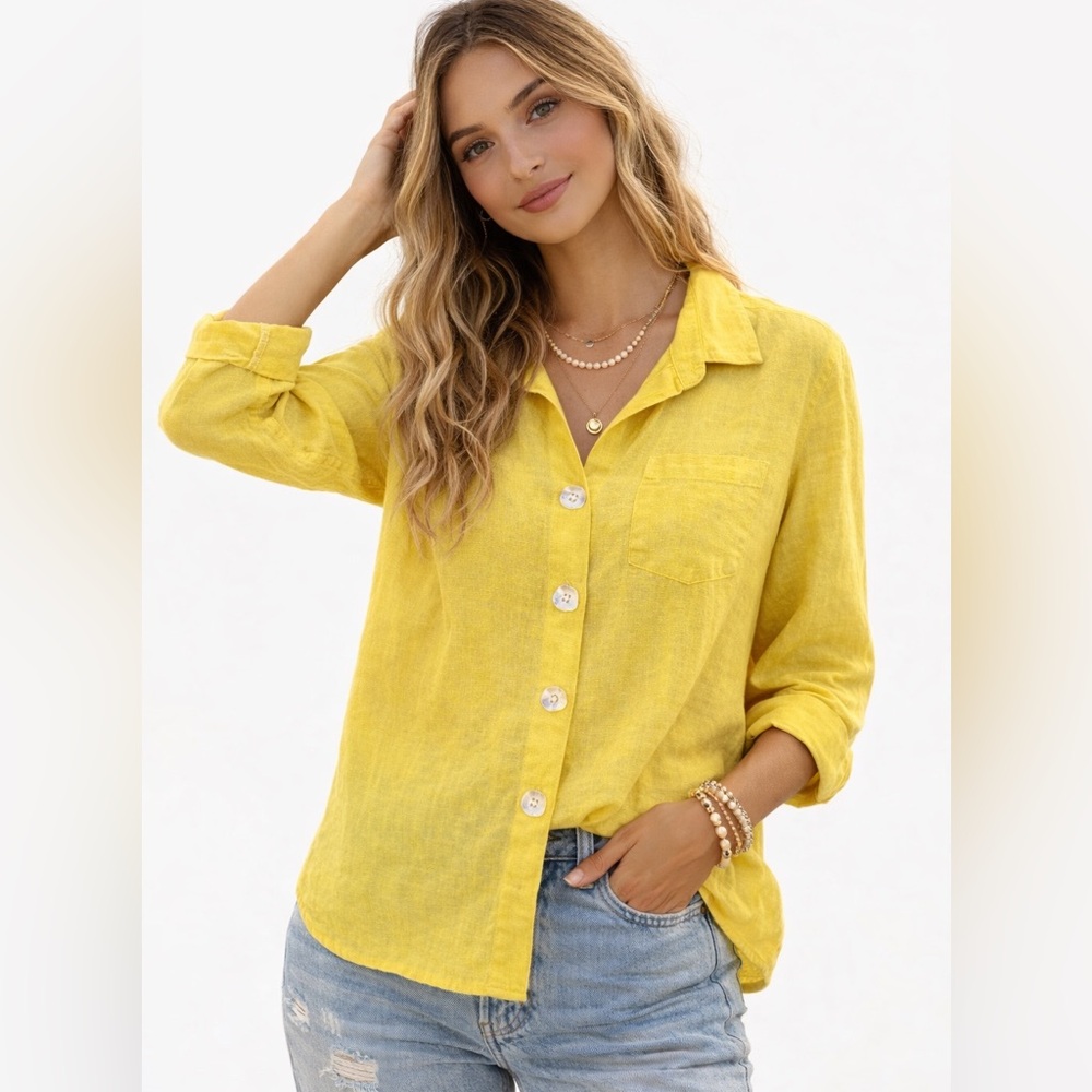 🌼 John Mark Yellow Button Tunic Top Small Boho Chic Resort Lagenlook Artsy Style